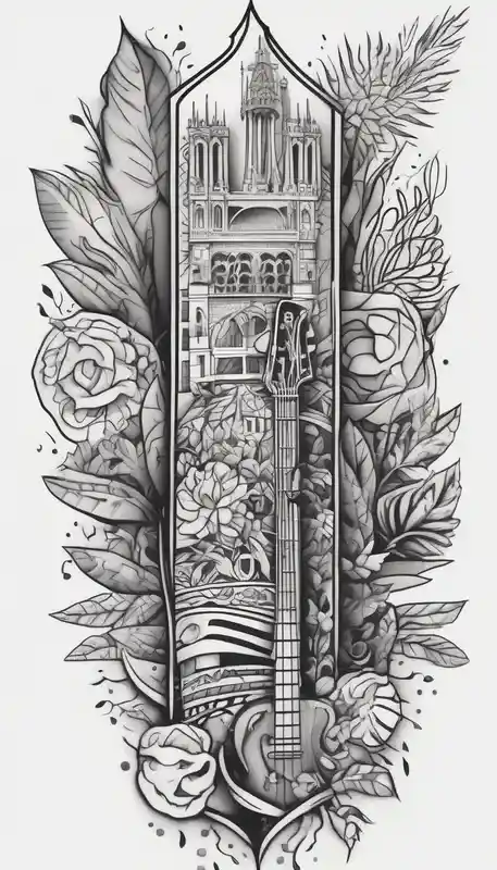 Leg sleeve of the City of barcelona, Spanish plants, music half sleeve tattoo designs for men